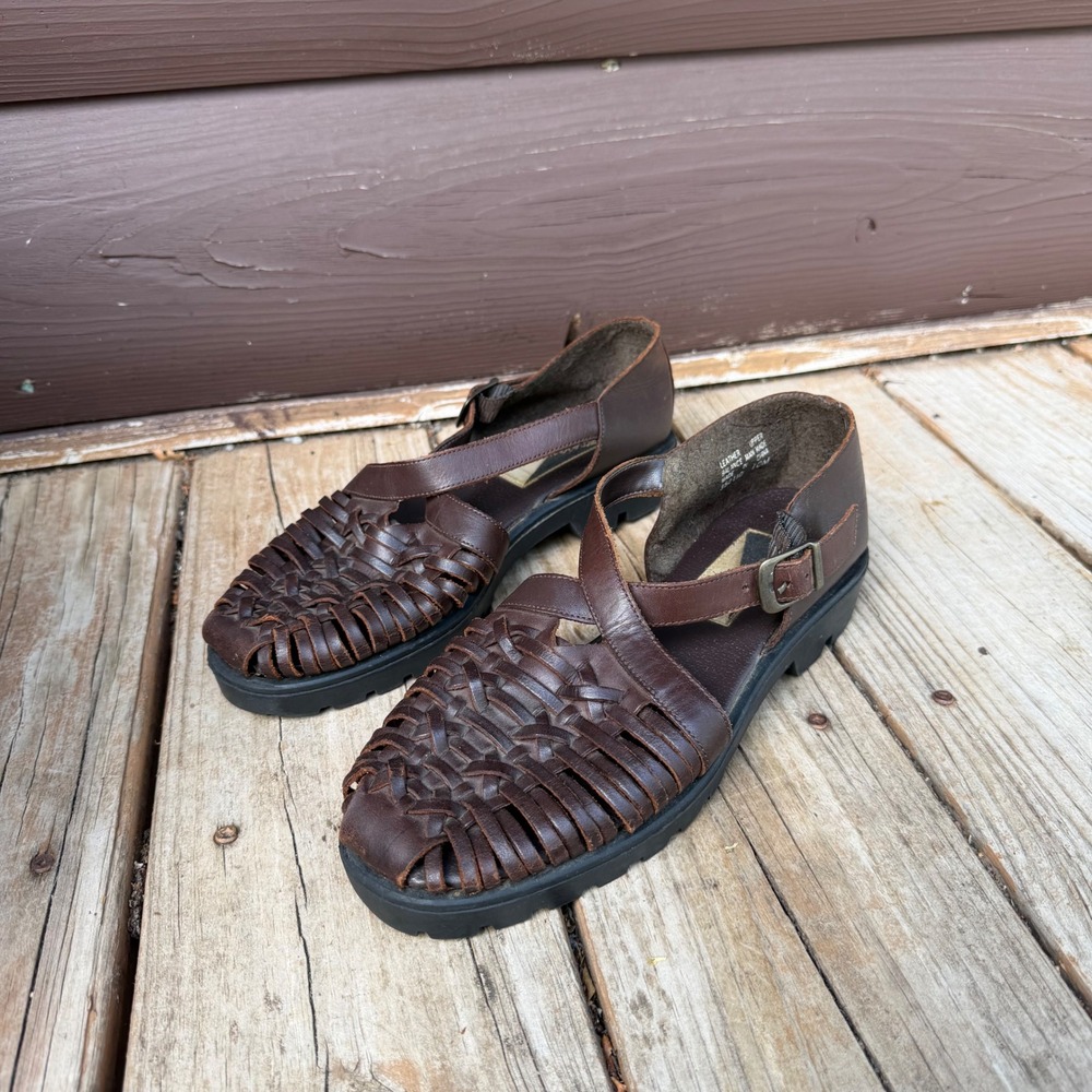 Mootsies Tootsies Vintage 90s Brown Leather Woven Huarache Sandals Chunky Sz 10M
